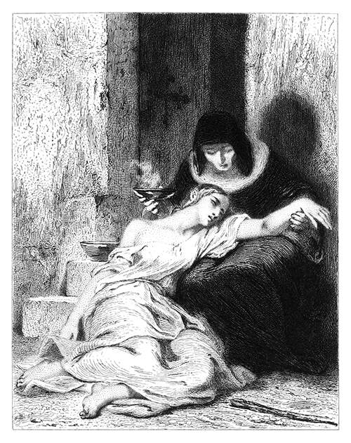 A semi-unconscious young woman is reclining on the lap of a nun sitting on a doorstep