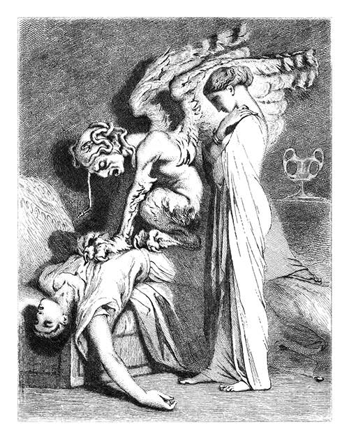 A monster with lion's paws, wings, and human face sits on the chest of a sleeping man