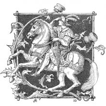 A young man rides a rearing horse inside an ornamental frame decorated with a large thistle