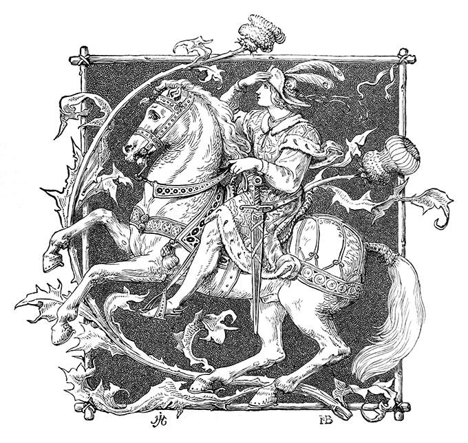 A young man rides a rearing horse inside an ornamental frame decorated with a large thistle