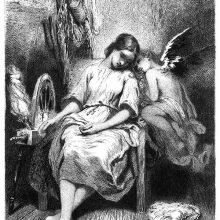 A winged, figure snuggles up to a girl asleep in a chair next to a spinning wheel