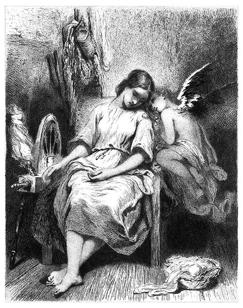 A winged, figure snuggles up to a girl asleep in a chair next to a spinning wheel