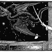 A dragon flies away across the starry sky, as a hand wields a sword from a castle window
