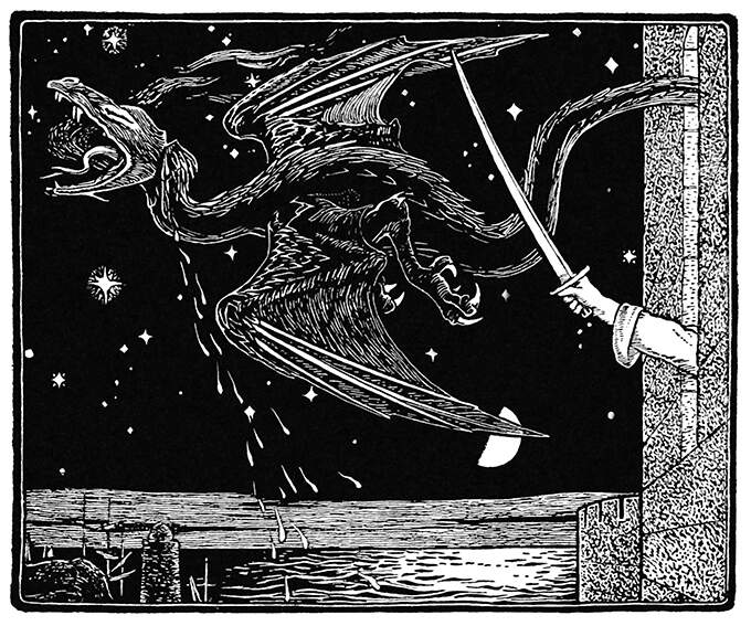 A dragon flies away across the starry sky, as a hand wields a sword from a castle window