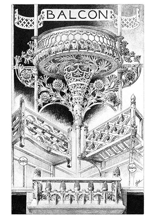 Plate showing Art Nouveau designs for balconies, the center one displaying plant-like decoration