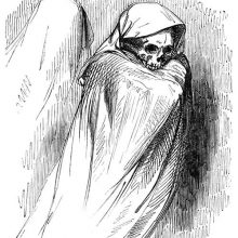 A skeleton is draped in a hooded gown, leaving only its skull to be seen