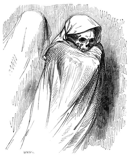 A skeleton is draped in a hooded gown, leaving only its skull to be seen