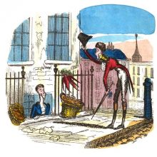 A man draws his hat to the friend he came to visit, who stands in front of a belowstairs window