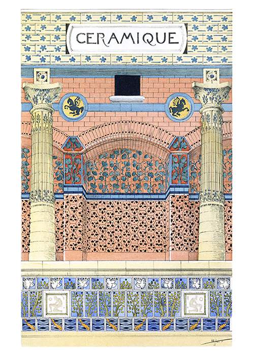 Plate showing a building with columns and arches decorated with ceramic tiles