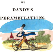 A man rides a dandy horse on a country road