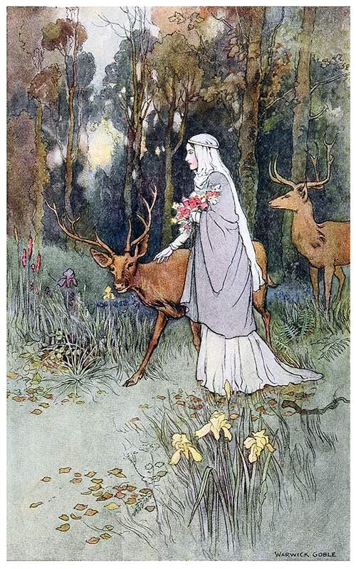A young woman carrying a bunch of flowers walks in the woods followed by two deer