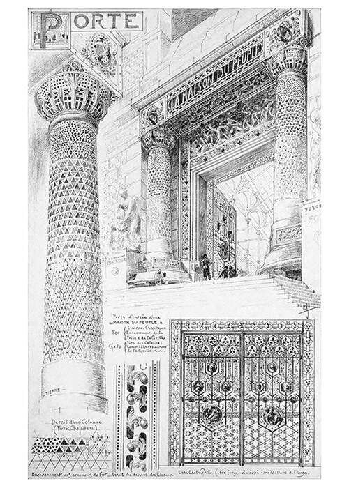 Plate showing an elaborate monumental double door and a close-up of one of the columnss
