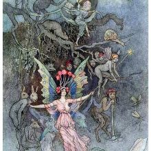 A fairy stands in front of a burrow opening, surrounded by various Little Folk creatures
