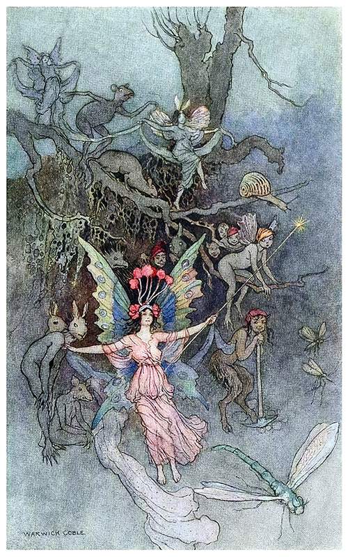 A fairy stands in front of a burrow opening, surrounded by various Little Folk creatures