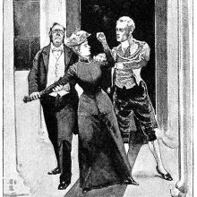 A young woman puts up a mild struggle as she is thrown out of a house by servants