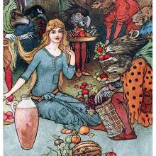 A girl is sitting on the ground among creatures with animal heads trying to sell her fruit