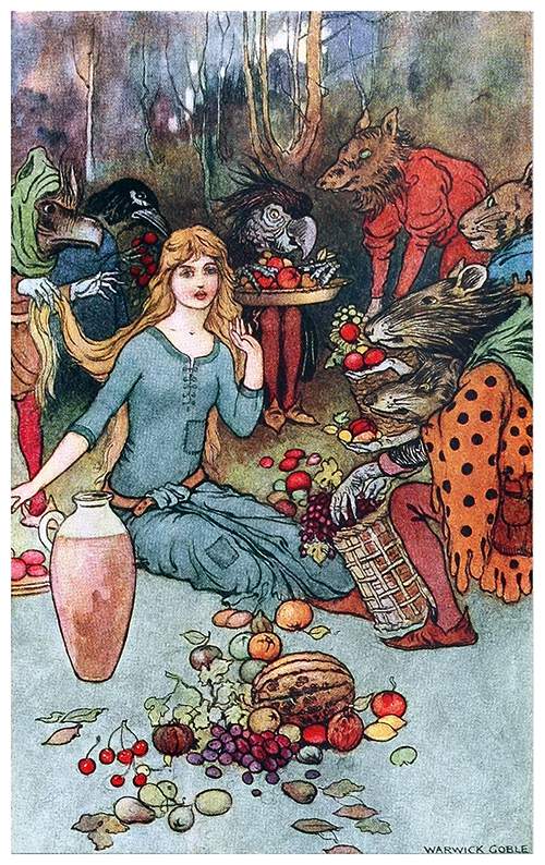 A girl is sitting on the ground among creatures with animal heads trying to sell her fruit