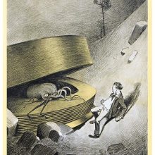A man leans back on a sloping ground as a creature with tentacles comes out of a large cylinder