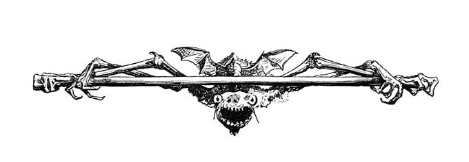 An ugly creature with bat wings is hanging on to a horizontal piece of wood, or bone