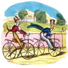 Two men are riding dandy horses on a country road
