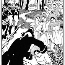 A woman is being knighted as other women stand in the background and soldiers watch from the side