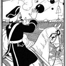 A man on horseback is fired at with cannon-balls he catches in his bare hands