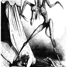 A man lies on the floor beside his bed with a monstrous creature standing tall over him