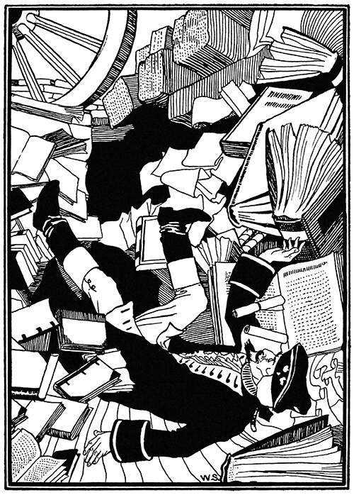 A man is falling backwards among piles of books cascading over him