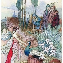 A fairy works her magic to provide beggars with peacock pie, a piece of venison and lily flowers
