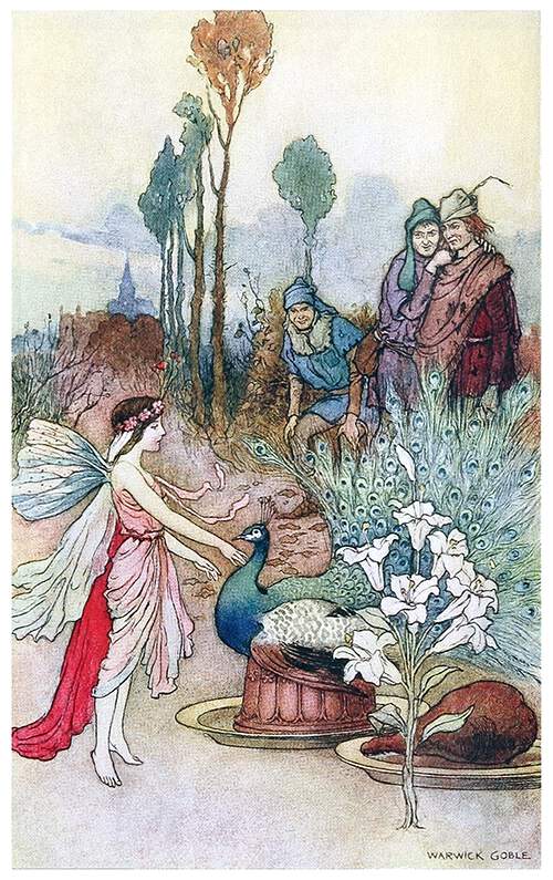 A fairy works her magic to provide beggars with peacock pie, a piece of venison and lily flowers