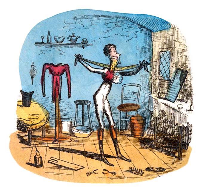 A man stands in the middle of a shabby and untidy room, dressing with great care