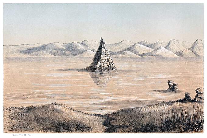 View of Pyramid Lake, Nevada, showing the pyramid and a hilly landscape in the background