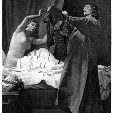 A man stands holding up a pair of breeches in front of the bed where his wife sits naked