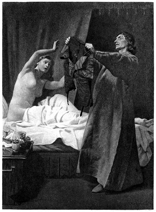 A man stands holding up a pair of breeches in front of the bed where his wife sits naked