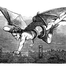 A human-shaped creature with bat wings and a snake coiled around its body flies over Paris
