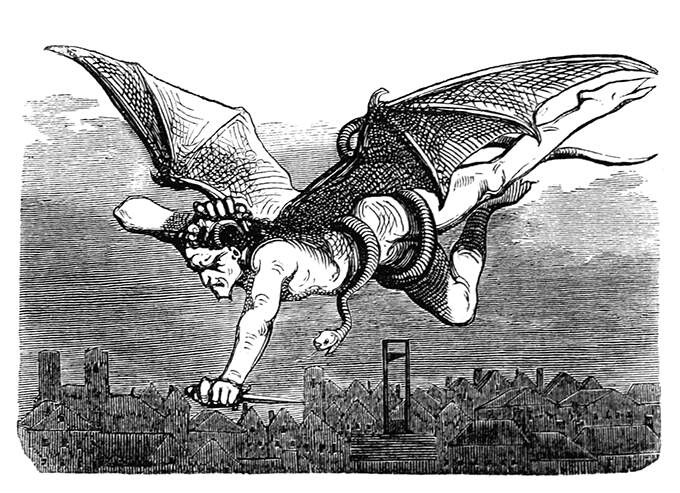 A human-shaped creature with bat wings and a snake coiled around its body flies over Paris