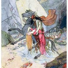 At the bottom of the sea, a man riding a rearing horse lifts a languid woman from the ground