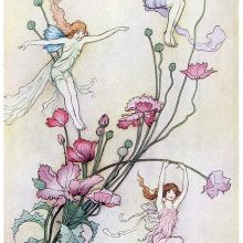 Three fairy-like creatures are fluttering about long-stemmed flowers