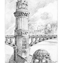 Plate showing a tower on a bridge with an elaborate top featuring a circle of clock dials
