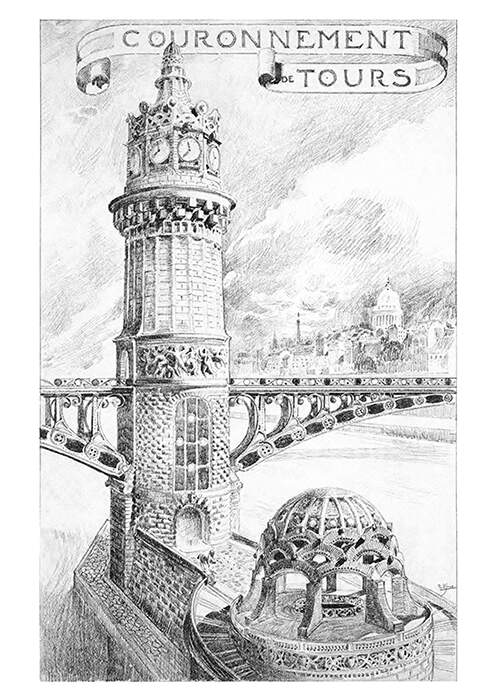 Plate showing a tower on a bridge with an elaborate top featuring a circle of clock dials