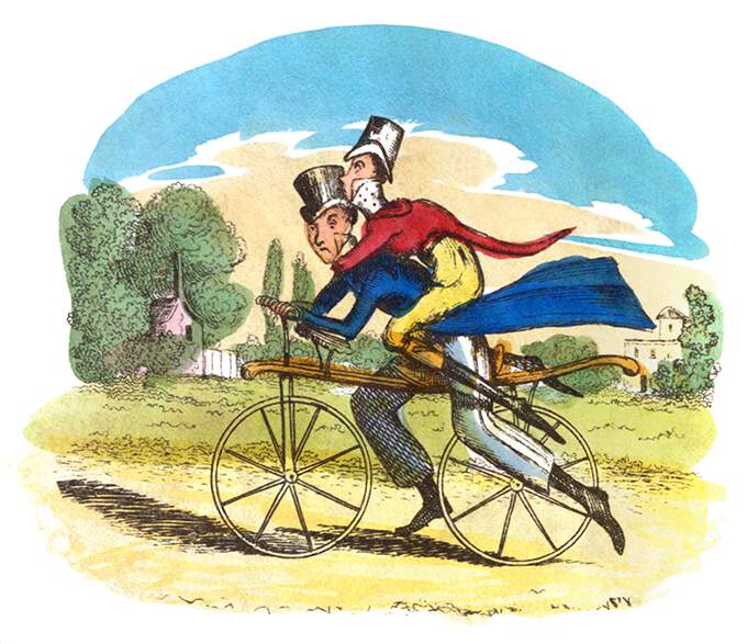 A man rides a dandy-horse on a country road, carrying a second man on his back