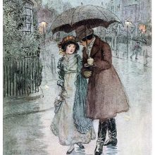 A woman and a man are walking together in the rain protected by an umbrella