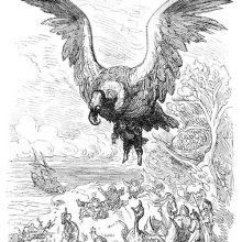 A bird is soaring with a man trapped in its claws as a group of people them fly away