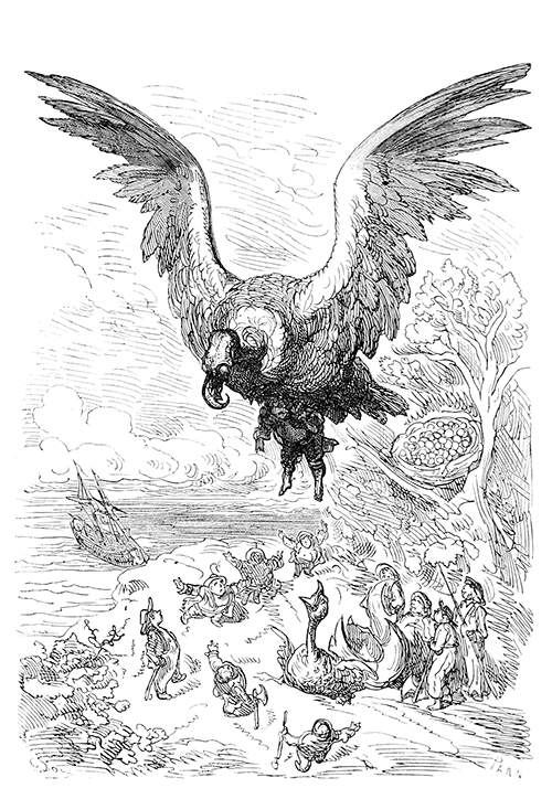 A bird is soaring with a man trapped in its claws as a group of people them fly away