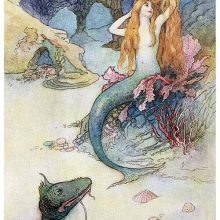 A mermaid is combing her hair at the bottom of the sea as a serpent cranes its neck toward her