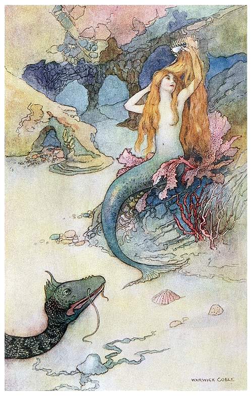 A mermaid is combing her hair at the bottom of the sea as a serpent cranes its neck toward her