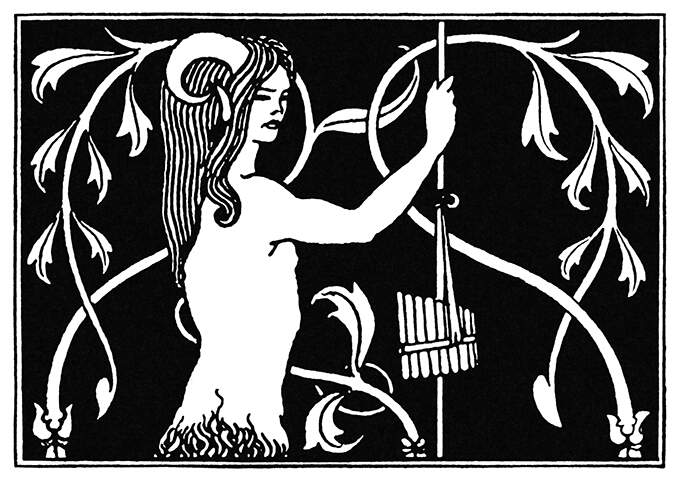 Design showing the god Pan with a staff, his panpipes, and a background of foliage