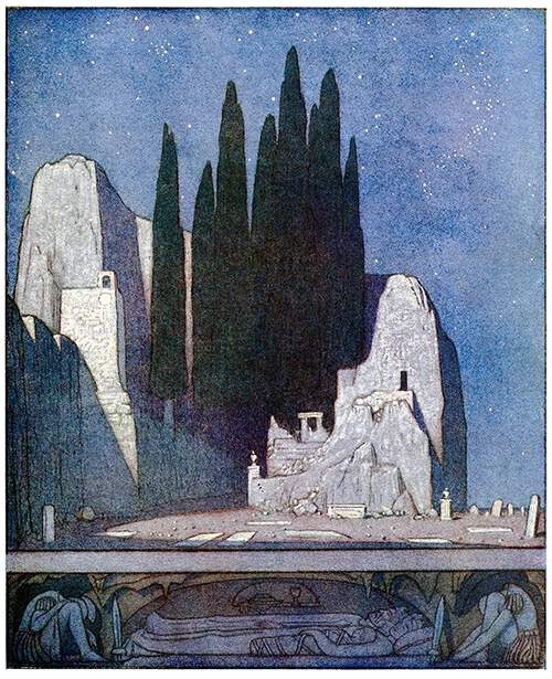 View of an imposing architectural complex carved in rock with high cypresses growing at its center