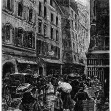 View of a busy street in the rain, with people carrying packages and holding umbrellas