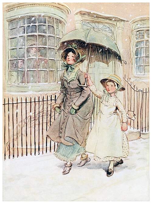 A woman walks smugly in the falling snow, protected by a young maid carrying an umbrella